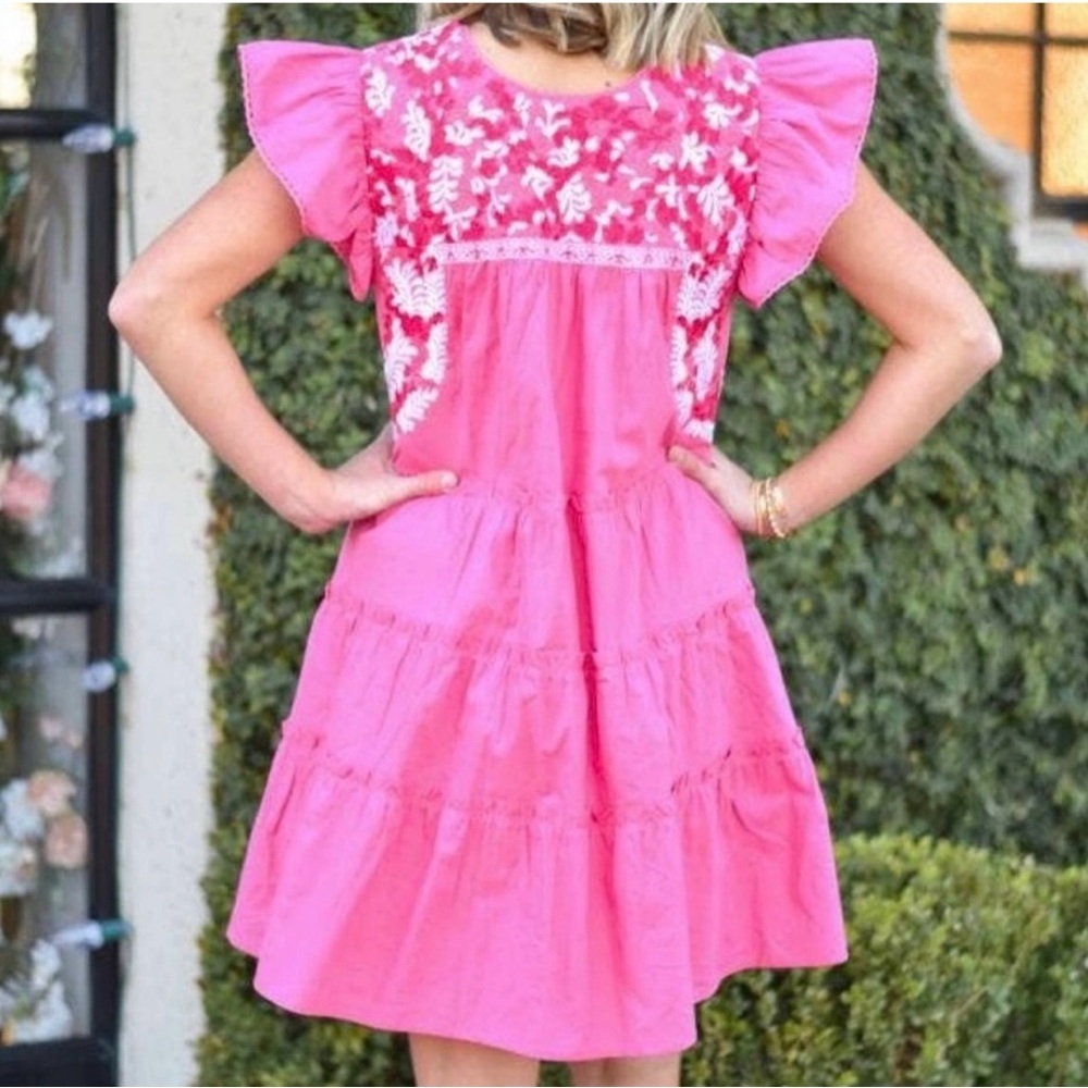 J.Marie  pink and white embroidered tiered dress with flutter sleeves- size S - Picture 2 of 6